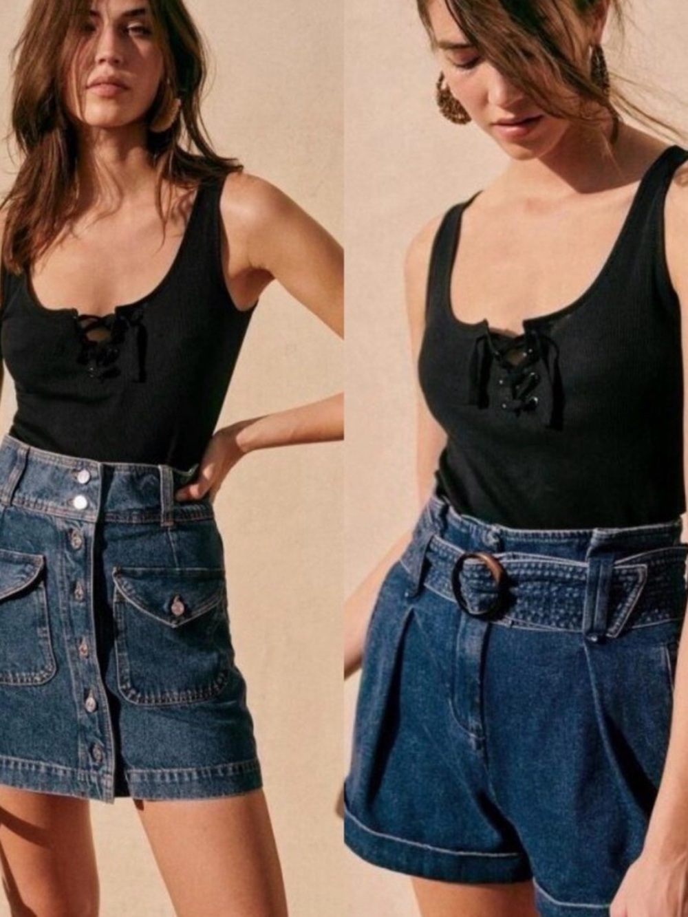 Sezane Black Lace Up Ribbed Tank‎ Top Organic Cotton Lyocell Size S